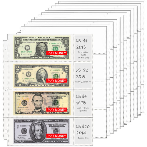 4 Pocket Currency Pages Clear Currency Sleeves Dollar Bill Holder with 3 Holes Collecting Currency Sleeves Binder Plastic Sheet Protectors for Bill Collectors Receipts Record Card Banknote (48)