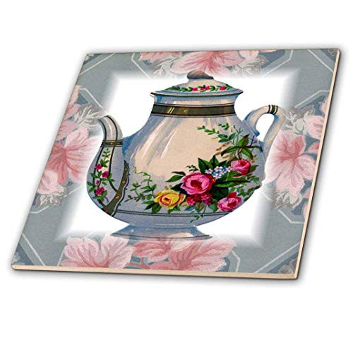3dRose ct_37380_1 Victorian Flower Teapot on Blue Pink Floral Background Ceramic Tile, 4-Inch
