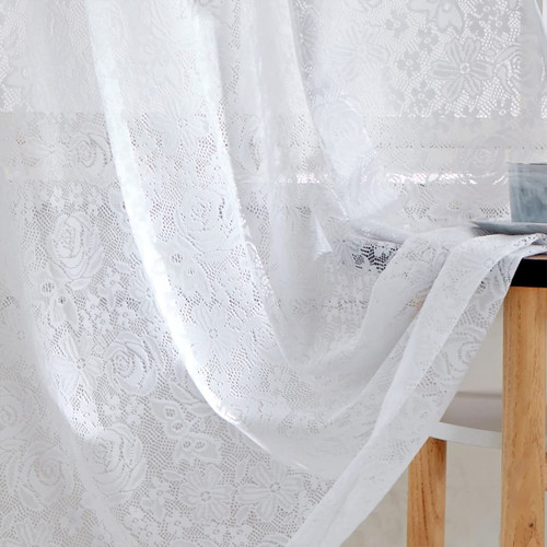 FINECITY Lace Curtains 45 Inch Length - Short Lace Cafe Curtains for Kitchen Window, Embroidered Rose Floral Lace Sheer Curtains for Light Filtering and Privacy, 52 x 45 Inch, 2 Panels, Off White