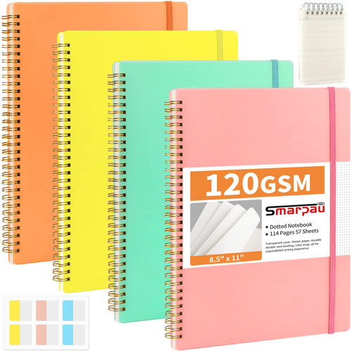 Smarpau 4 Pack Spiral Notebook, 8.5" x 11" Large Dotted Notebook, 120 GSM Thick Paper, 57 Sheets/114 Pages, Notebook College Ruled, Dot Grid Notebook for School and Work (Orange, Blue, Yellow, Pink)