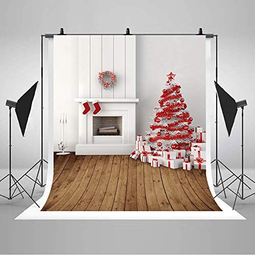 COMOPHOTO 5x7ft Christmas Tree Fireplace Photography Backdrop Red Xmas White Wall Decoration Xmas Day Photo Background Portrait Studio Booth Decorations Photographer Prop