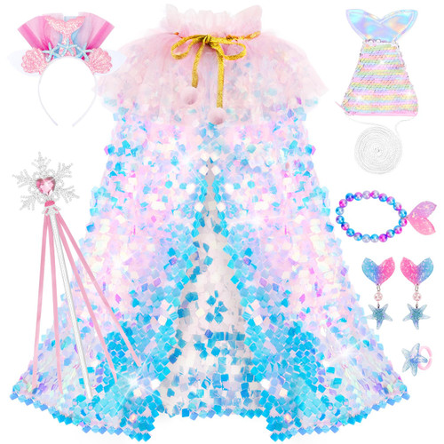 Chillife Princess Cape Set-Princess Dress Up Toys & Jewelry,Sequins Princess Dresses for Girl 3-6 Years Birthday Party Gift