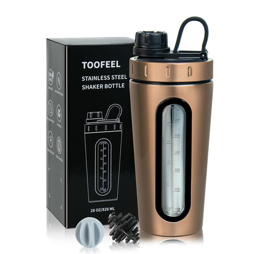 TOOFEEL Stainless Steel Shaker Bottle - 28 oz Metal Shaker Cups for Protein Shakes, 2 Whisk Ball, Not Stays Cold/Hot, Visible Window Protein Shaker Bottle, Gym Workout Leakproof Water Bottle