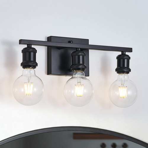 Bathroom Light Fixtures, 3-Light Matte Black Vanity Light, Bathroom Lights over Mirror, Vanity Lights for Bathroom Farmhouse, Vintage Wall Sconce Lighting for Mirror, E26 Base, Globe Not Included Bathroom Light Fixtures, 3-Light Matte Black Vanity Light, Bathroom Lights over Mirror, Vanity Lights for Bathroom Farmhouse, Vintage Wall Sconce Lighting for Mirror, E26 Base, Globe Not Included
