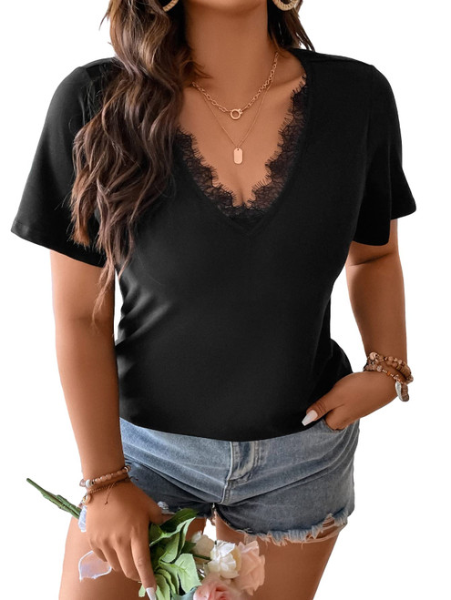 SOLY HUX Women's Plus Size Contrast Lace V Neck T Shirt Short Sleeve Summer Tee Tops Plain Black 1XL SOLY HUX Women's Plus Size Contrast Lace V Neck T Shirt Short Sleeve Summer Tee Tops Plain Black 1XL