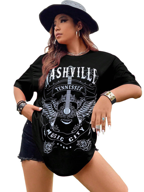 SOLY HUX Women's Plus Size Oversized Graphic Tees Letter Print Half Sleeve Summer T Shirts Tops Black Letter 2XL