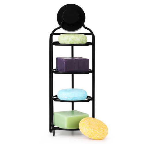 Soap Holder for Shower Wall 4 Tier Round Soap Dish Stainless Steel Bar Shower Bathroom Self Draining Rustproof Rack Powerful No Drilling Bar Soap Holder for Shower Wall Bathroom Kitchen (Black)