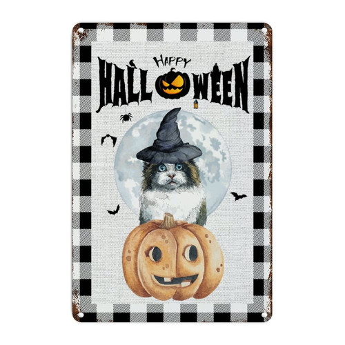 WoGuangis Metal Plaque Tin Sign Witch Hat Cat Pumpkin Bat Sign Happy Halloween Full Moon Metal Wall Sign Horror Pumpkin Decor Gift Vintage Metal Wall Decor for Bedroom Yard Garage Garden 8x12in