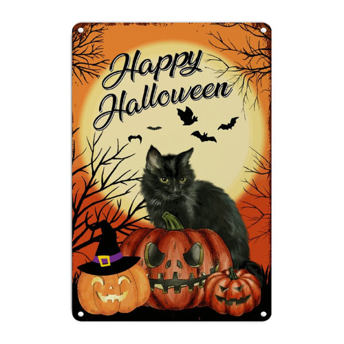 Halloween Witched Hat Pumpkin Cat Wall Decor Metal Sign Happy Halloween Moon Bat Retro Metal Wall Hanging Sign October 31 Creepy Pumpkin Metal Wall Sign for Bedroom Yard Garage Garden 8x12in
