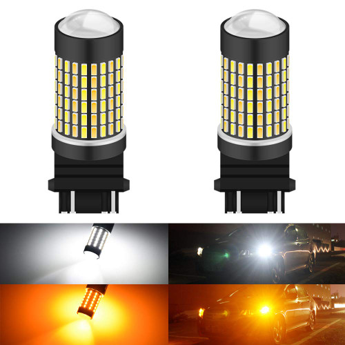 KATUR Super Bright 3157 3047 3057 3155 3156 P27/7W Switchback LED Bulbs White/Amber 3014 120SMD with Projector for Turn Signal Lights and Daytime Running Lights/DRL (Pack of 2)