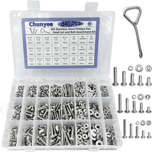 Chunyee 840Pcs Nuts and Bolts Assortment Kit, 6-32#8-32#10-24 Phillips Pan Head Machine Screws Assortment Kit, Stainless Steel Bolts and Nuts kit with Flat/Lock washers and Screwdriver and Box