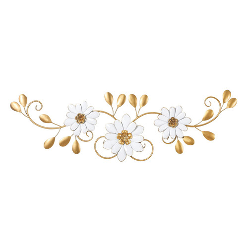 Asense 37 Inch Metal Flowers Wall Art Decor, White & Gold Flowers Wall Art Hanging Leaf Sculpture Home Decorations for Living Room Bedroom or Office(Style 3)