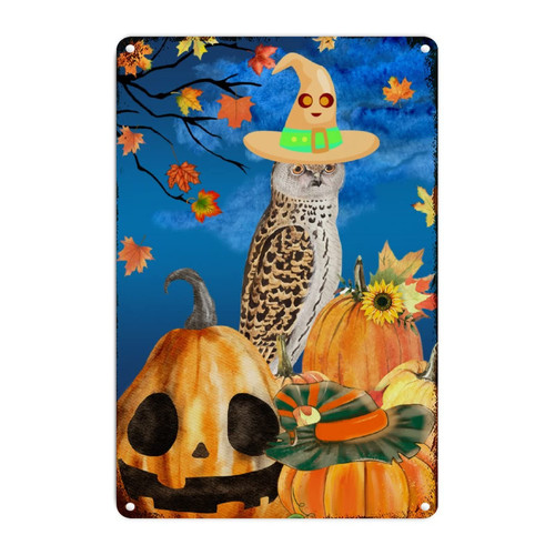 October 31 Happy Halloween Wall Decor Metal Sign Halloween Owl with Witch Hat Scary Pumpkin Vintage Metal Tin Signs Halloween Home Decor Fall Metal Tin Sign for Front Porch Kitchen Bedroom 8x12in