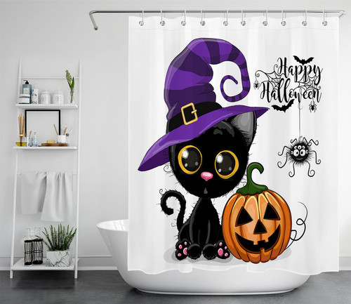 LB Halloween Pumpkin Shower Curtain Decor, Cute Funny Black Cat With Witch Purple Magic Hat Happy Halloween Shower Curtains 60X72 inch Polyester Fabric Bathroom Decoration Bath Curtains Hooks Included LB Halloween Pumpkin Shower Curtain Decor, Cute Funny Black Cat With Witch Purple Magic Hat Happy Halloween Shower Curtains 60X72 inch Polyester Fabric Bathroom Decoration Bath Curtains Hooks Included