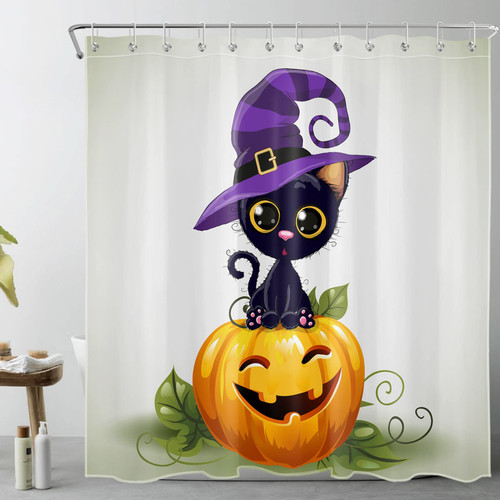 LB Halloween Pumpkin Shower Curtain Decor, Fall Pumpkin Catoon Animal Funny Cat With Witch Purple Magic Hat Shower Curtains 72X72 inch Polyester Fabric Bathroom Decoration Bath Curtains Hooks Included LB Halloween Pumpkin Shower Curtain Decor, Fall Pumpkin Catoon Animal Funny Cat With Witch Purple Magic Hat Shower Curtains 72X72 inch Polyester Fabric Bathroom Decoration Bath Curtains Hooks Included