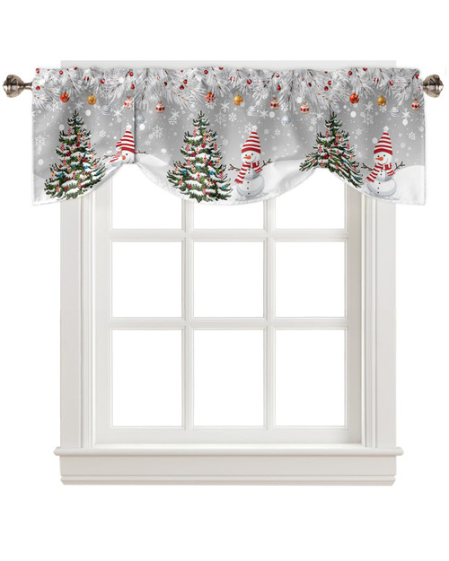 Tie Up Valance Curtains for Kitchen Windows, Christmas Winter Snowman Xmas Tree Grey Snowflake Snowball Valance Rod Pocket Window Treatment Valances for Living Room Bathroom Bedroom, 42x18 inches