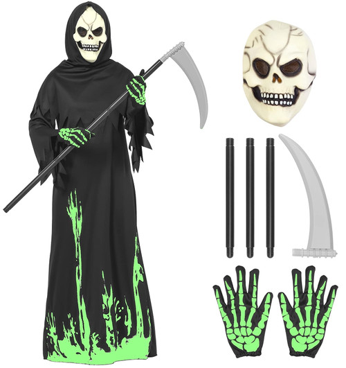 ThinkMax Halloween Grim Reaper Costume for Boys Kids, Glow in the Dark Halloween Phantom Costume with Scythe,Skull Mask and Glove (M (8-10 Years))