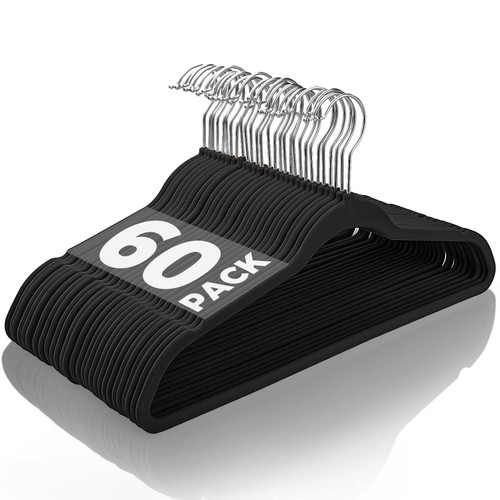 Jersow Velvet Hangers 60 Pack, Non Slip Hangers with 360 Degree Hook, Felt Hangers Space Saving Clothes Hanger, Velvet Hanger Heavy Duty for Adult Hanger as Coats Hangers and Suits Hangers - Black