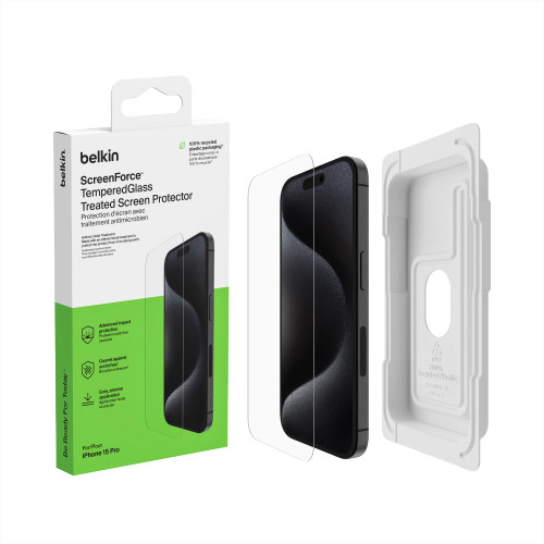 Belkin ScreenForce TemperedGlass Treated Screen Protector for iPhone 15 Pro - Slim & Scratch-Resistant - Includes Easy Align Tray for Bubble Free Application