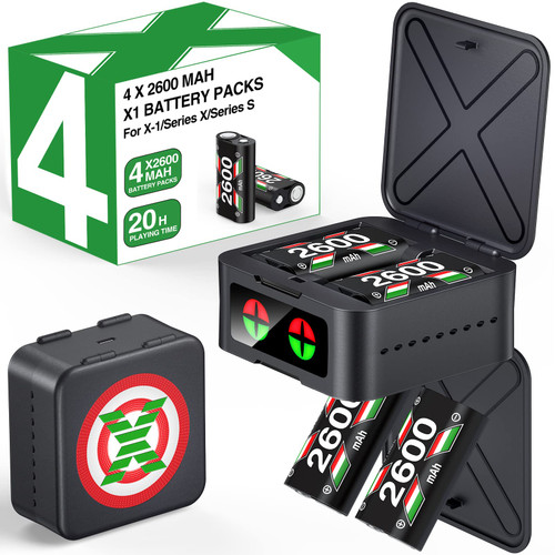 Rechargeable Xbox One Controller Battery Pack with Charger for Xbox Series X|S/Xbox One/S/X/Elite, Electrodeless Battery Charging Station with 4x2600mAh Batteries for Xbox One/S/X/Elite Controllers