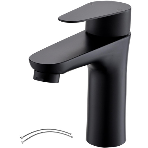 Black Bathroom Faucet,Single Handle Bathroom Sink Faucet, Commercial Bathroom Faucets,1 Hole Deck Mount RV Mixer Tap Lavatory Vanity Sink Faucet with Supply Lines KMBF008B