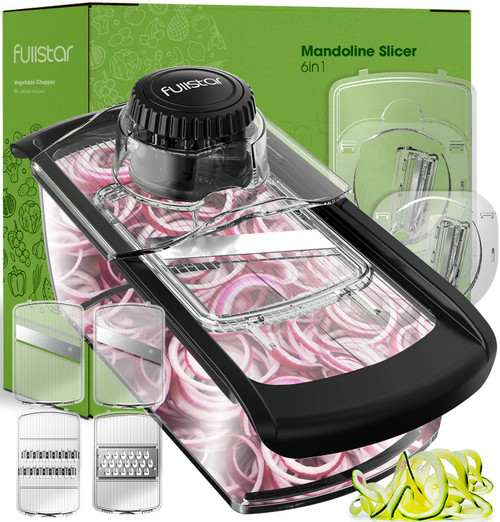 Fullstar Mandoline Slicer for Kitchen, Cheese Grater Vegetable Spiralizer and Veggie Slicer for Cooking & Meal Prep, Kitchen Gadgets Organizer & Safety Glove Included (6 in 1, Clear)