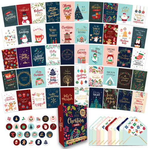 100 Foiled & Glittery Christmas Cards Bulk, 6x4in Bulk Christmas Cards Bulk with Envelopes, 100 Unique Designs Christmas Cards Boxed with Envelopes, Boxed Christmas Cards with Envelopes Bulk, Holiday Cards Bulk