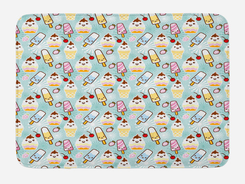 Ambesonne Ice Cream Bath Mat, Cupcakes with Face and Cone Bars Creative Funny Caricature Image, Plush Bathroom Decor Mat with Non Slip Backing, 30.2" x 20", Multicolor