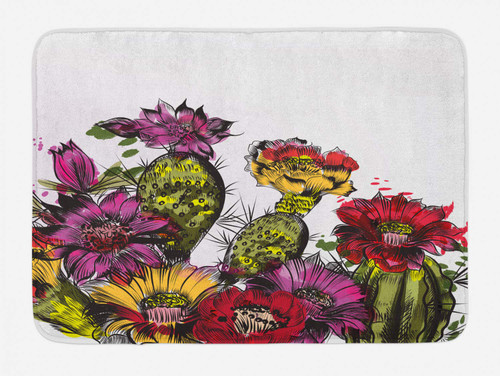 Ambesonne Cactus Bath Mat, Watercolor Painting Style Potted Plants Cactus Blossoms Gardening Theme, Plush Bathroom Decor Mat with Non Slip Backing, 30.2" x 20", Multicolor