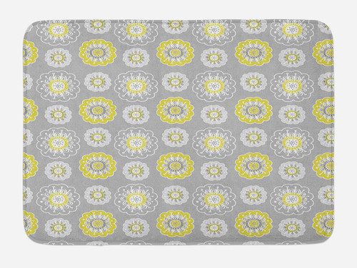 Ambesonne Grey and Yellow Bath Mat, Pale Grey Backdrop with Inspired Flowers Ivy Image, Plush Bathroom Decor Mat with Non Slip Backing, 30.2" x 20", Mustard Yellow and White