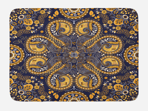 Lunarable Ethnic Bath Mat, Pattern Style of Flower Ornaments Design Art Print, Plush Bathroom Decor Mat with Non Slip Backing, 30.2" x 20", Mustard Amber Navy Blue