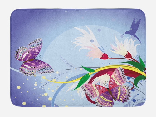 Ambesonne Floral Bath Mat, Fantasy Themed Graphic Flowers Butterflies and a Bird Colorful Composition, Plush Bathroom Decor Mat with Non Slip Backing, 30.2" x 20", Multicolor