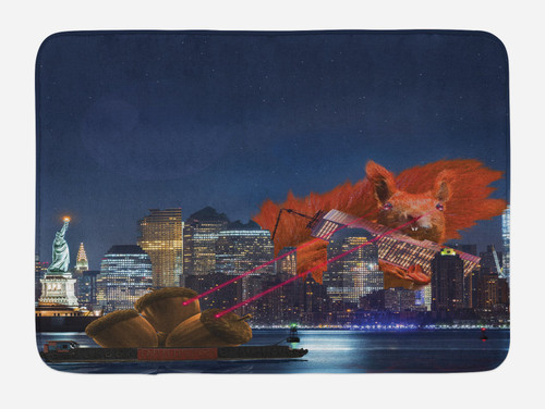Ambesonne Animal Bath Mat, Cartoon Like New York City Scenery with a Big Laser Eyed Squirrel Image Print, Plush Bathroom Decor Mat with Non Slip Backing, 30.2" x 20", Multicolor