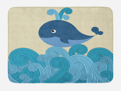 Ambesonne Whale Bath Mat, Cartoon Smiling Patterned Mammal Ornamental Ethnic Image Striped Waves Print, Plush Bathroom Decor Mat with Non Slip Backing, 30.2" x 20", Dark Blue Blue