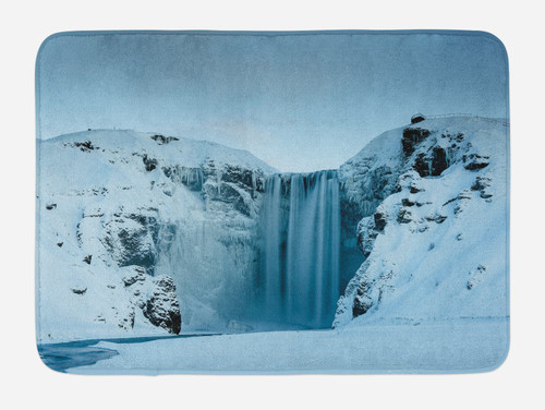 Ambesonne Waterfall Bath Mat, Frozen River Heavenly Landscape View Mountains Covered Snow Art, Plush Bathroom Decor Mat with Non Slip Backing, 30.2" x 20", Petrol Blue