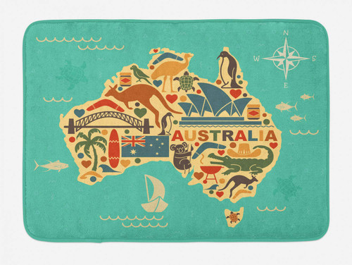 Lunarable Australia Bath Mat, Doodle Map with Australian Traditionals Culture and Nature, Plush Bathroom Decor Mat with Non Slip Backing, 30.2" x 20", Multicolor