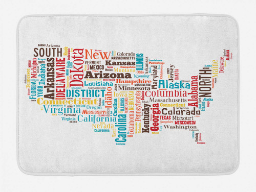 Lunarable Americana Bath Mat, USA United States America Map Cities and Towns California Missouri Virginia, Plush Bathroom Decor Mat with Non Slip Backing, 30.2" x 20", Vermilion Blue