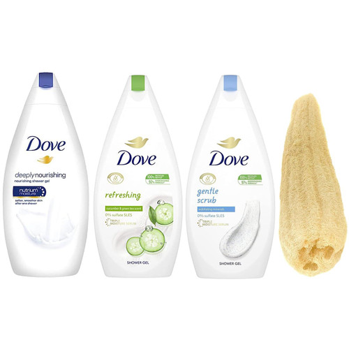 DOVE Indulge in Luxurious Showers Body Wash 3 Pack - Mixed within Available Kind - 500 ML or 16.9 Fl Oz with a Free Natural Loofah | Pure Shower Bliss