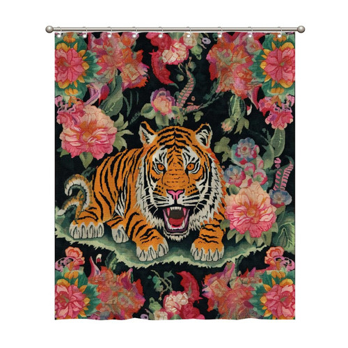 Tiger and Chinoiserie Colorful Floral Shower Curtains 60x72 Inch Polyester Fabric Bathroom Shower Curtains with Hooks Durable Waterproof Shower Curtains for Bathroom Bathtub Home Decoration