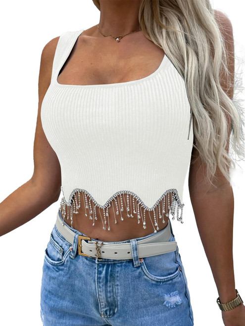 LYANER Women's Rhinestone Fringe Trim Ribbed Knit Square Neck Sleeveless Crop Tank Top White Large