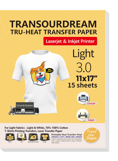 TransOurDream Iron on Heat Transfer Paper for White Light T Shirts (15 Sheets, 11x17", Light 3.0) Printable HTV Heat Transfer Vinyl for Laserjet & Inkjet Printers TransOurDream Iron on Heat Transfer Paper for White Light T Shirts (15 Sheets, 11x17", Light 3.0) Printable HTV Heat Transfer Vinyl for Laserjet & Inkjet Printers