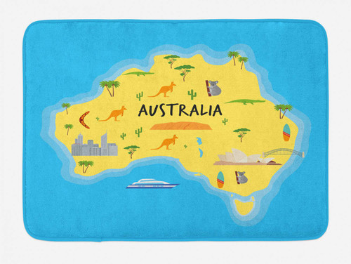 Ambesonne Australia Bath Mat, Mapping with Symbolic Animals Monuments, Plush Bathroom Decor Mat with Non Slip Backing, 30.2" x 20", Sky Blue Yellow