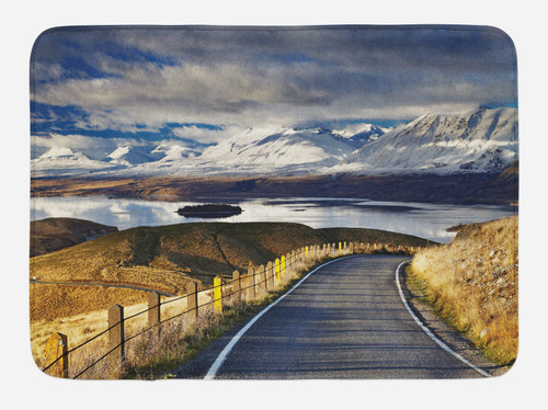 Ambesonne Landscape Bath Mat, Pike Road to The River and Snowy Mountain in Gradient Colors Sky Scenery, Plush Bathroom Decor Mat with Non Slip Backing, 30.2" x 20", White Blue Yellow