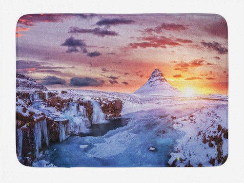 Ambesonne Snow Mountain Bath Mat, Mount Kirkjufell at Iceland with Frozen Waterfalls in Winter, Plush Bathroom Decor Mat with Non Slip Backing, 30.2" x 20", Pale Mauve and Multicolor