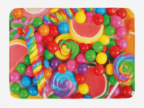 Ambesonne Colorful Bath Mat, Assorted Jelly Candies Gum Balls and Lollipops Illustration Backdrop Art Print, Plush Bathroom Decor Mat with Non Slip Backing, 30.2" x 20", Multicolor