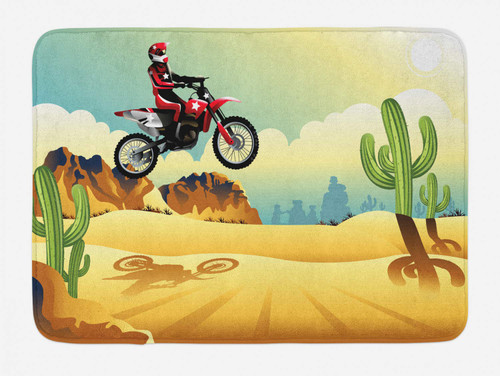 Ambesonne Motorcycle Bath Mat, Landscape Desert Scene of Cactus Sand and a Man on Chopper Going Wildly, Plush Bathroom Decor Mat with Non Slip Backing, 30.2" x 20", Multicolor