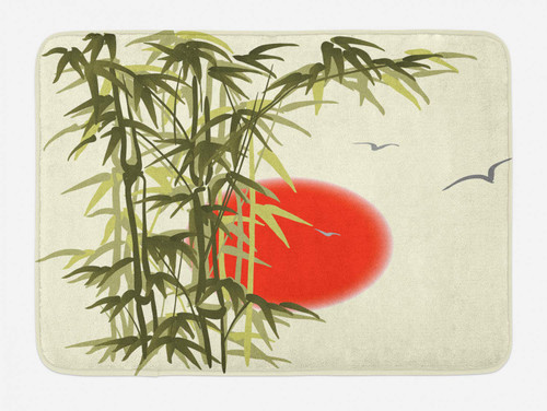 Ambesonne Asian Themed Bath Mat, Vintage Folk Branch on Sunset Background Design Bird and Sun Image, Plush Bathroom Decor Mat with Non Slip Backing, 30.2" x 20", Vermilion and Green