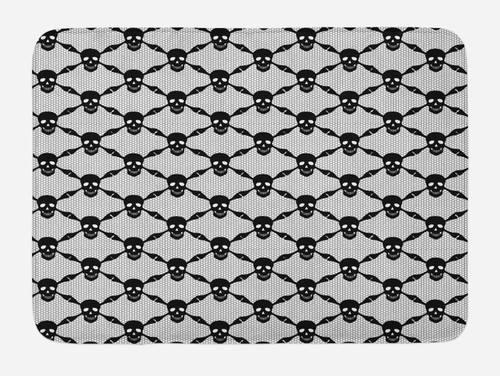Ambesonne Gothic Bath Mat, Halloween Horror Theme Spooky Skeleton Bones Dark Skulls Checkered Pattern, Plush Bathroom Decor Mat with Non Slip Backing, 30.2" x 20", White Black