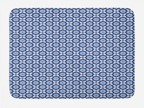 Ambesonne Moroccan Bath Mat, Azulejo Tile Pattern Diagonal Ceramic Pattern Star Design Ornament, Plush Bathroom Decor Mat with Non Slip Backing, 30.2" x 20", Dark Blue White