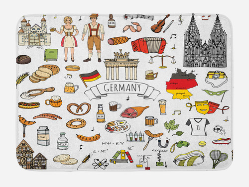 Ambesonne German Bath Mat, Hand Drawn Doodle of German Culture Football Jersey Food Science and Music, Plush Bathroom Decor Mat with Non Slip Backing, 30.2" x 20", Multicolor